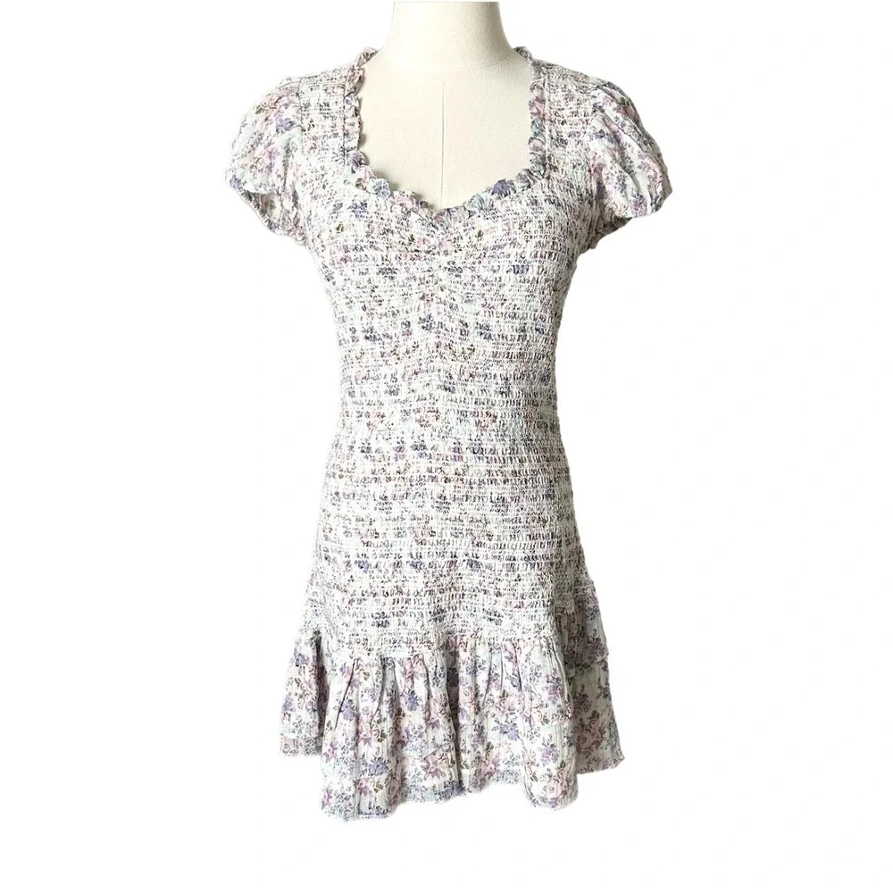 LoveShackFancy Trevor Floral Smocked Mini Dress Purple Blue Cotton Lurex Medium - Picture 2 of 6